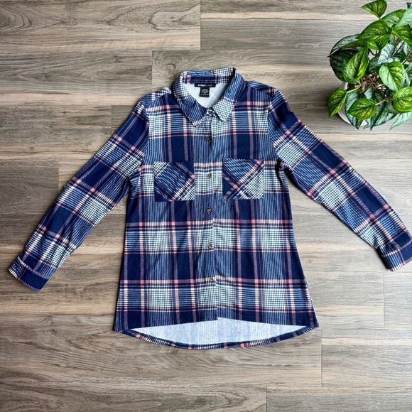 Robert Louis Navy & Blush Plaid Super Soft Flannel like Button-Down Tunic Size S - Picture 1 of 12